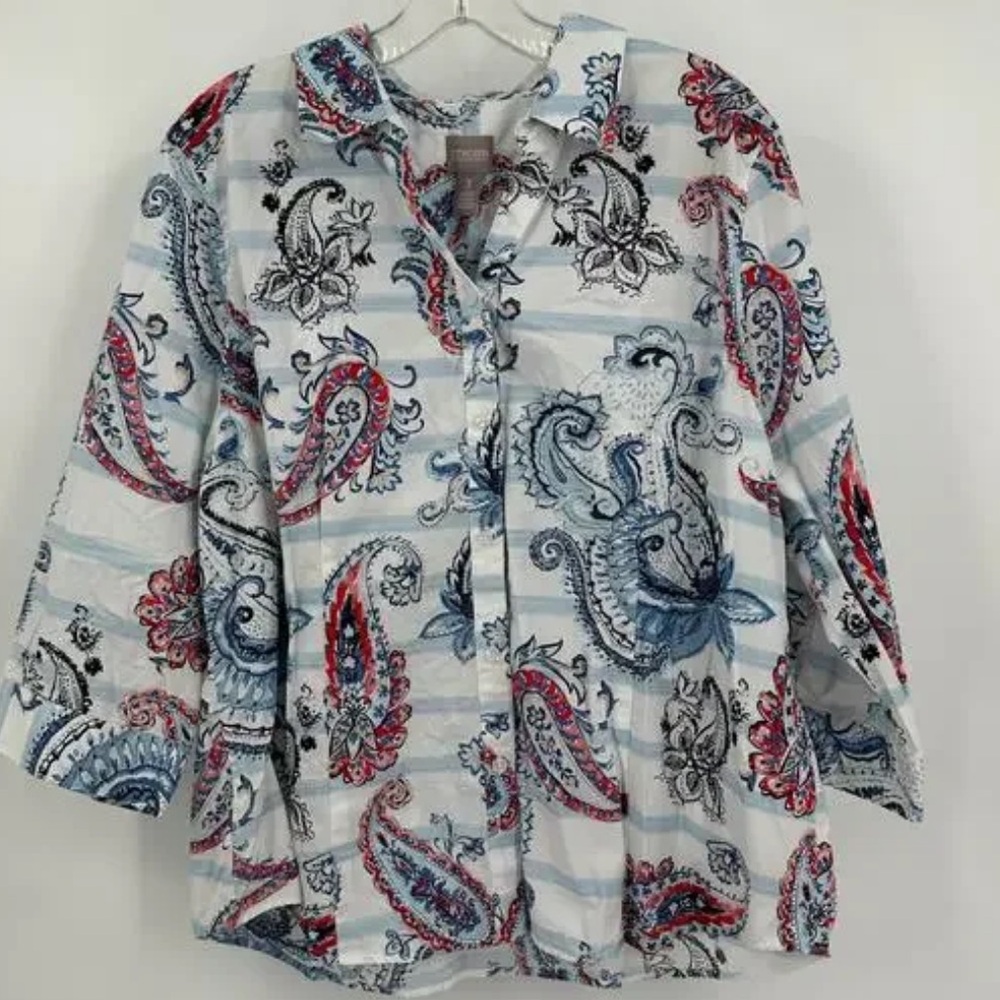Chico's Wrinkle Resist Paisley Stripe 3/4 Sleeve Button Top 3 XL White Blue Red